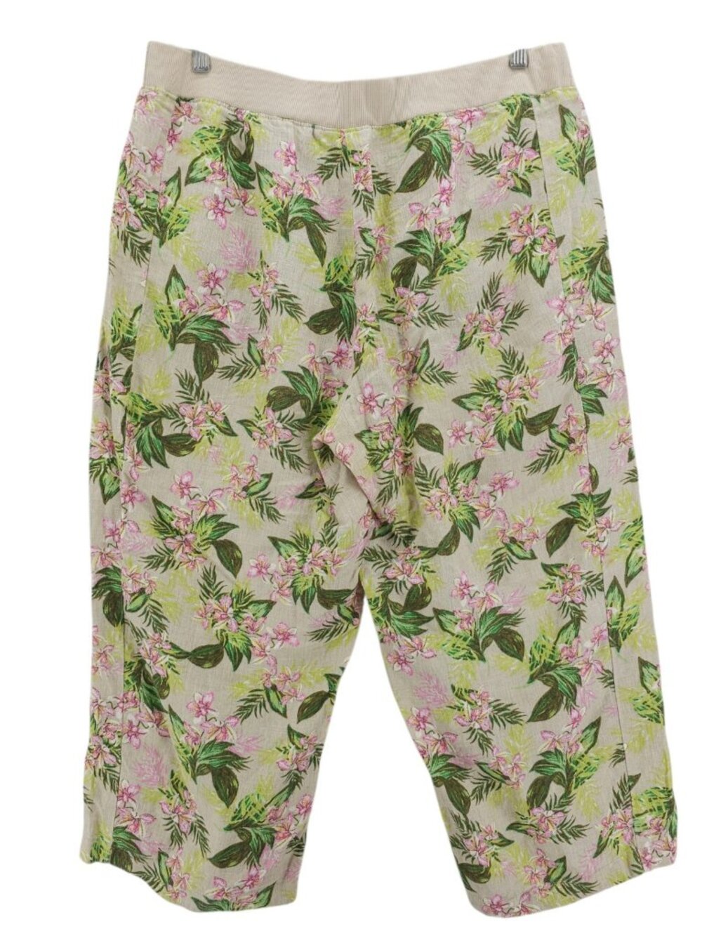 J JILL 100% Linen Pants Floral Elastic Waist Cropped Wide Leg Size LARGE